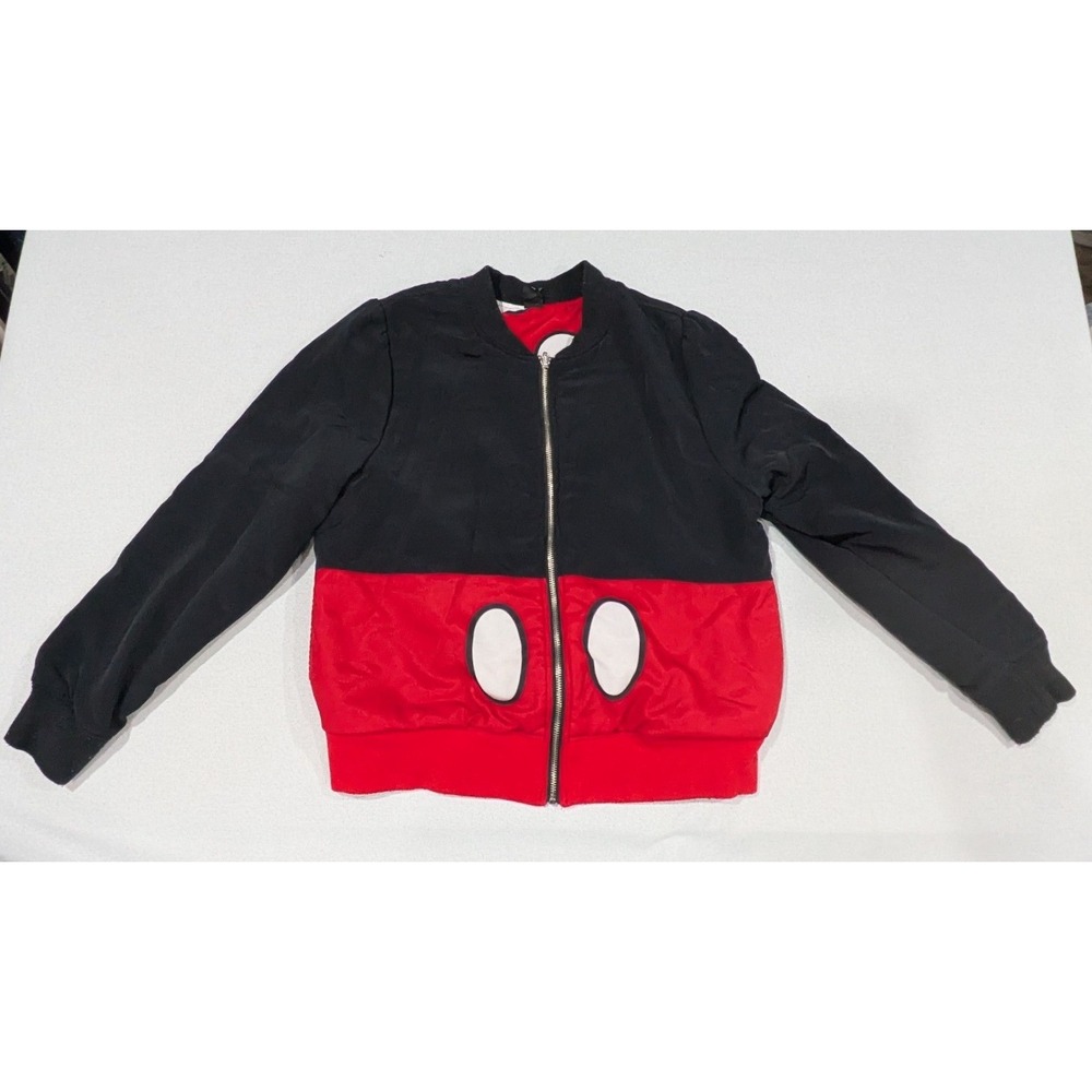 Disney Bomber Jacket Women Large Black Red Mickey Mouse Excellent Colorblock Zip